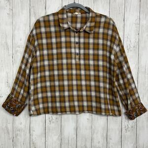 Hem & Thread Plaid 3/4 Button Floral Roll Cuff Collared Fall Autumn Shirt Large